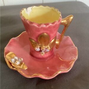 Vintage Elegant Pink and Gold Ceramic Cup and Saucer